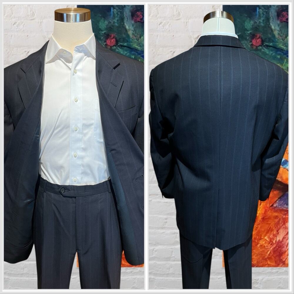 Vintage Austin Reed Suit 44L 38x29.5 Navy Blue Royal Banker's Stripe Virgin Wool - Picture 5 of 16